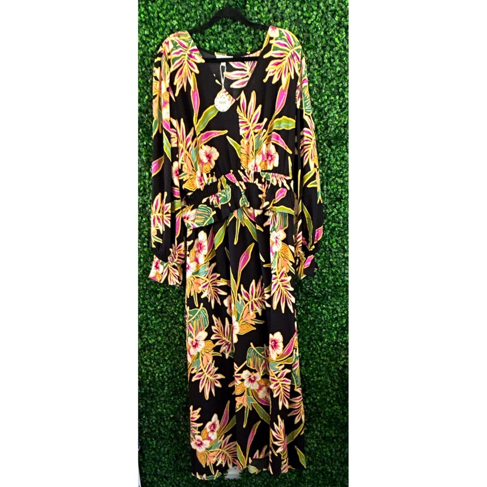 ODDI Womens Plus 3XL Black Floral V-Neck Long Sleeve Maxi Dress Ruffle